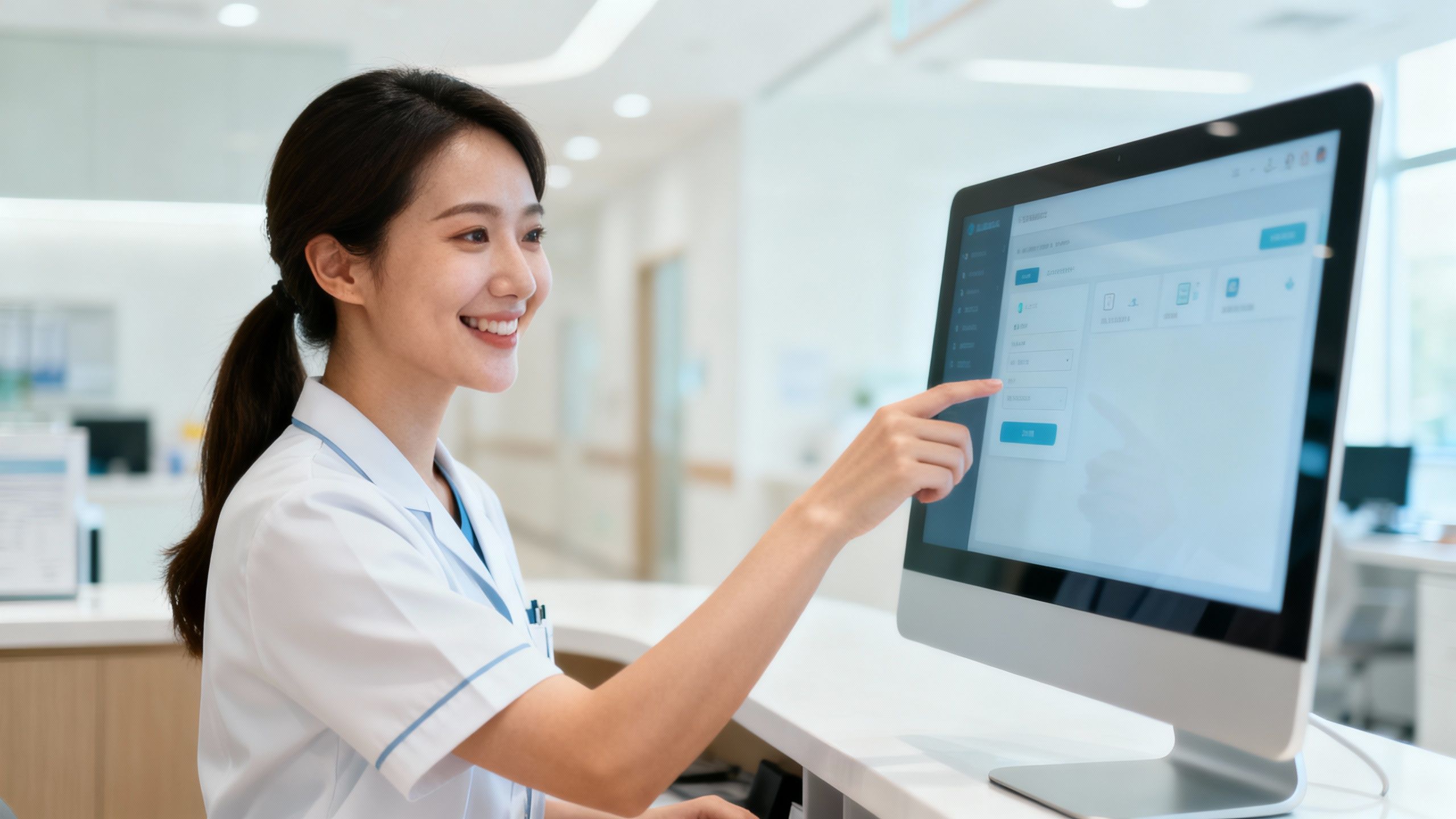 Clinic receptionist using a computer for workflow automation.