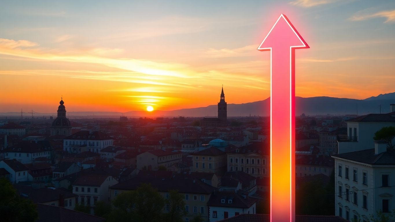 European cityscape with upward growth arrow.