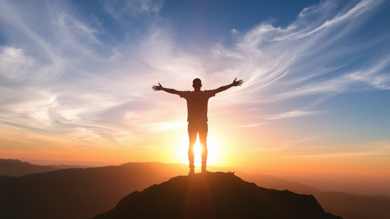 Person reaching for success at sunrise.