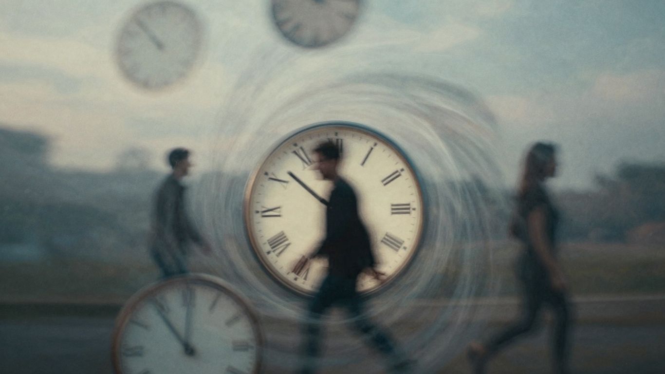 Wirujące światło i zniekształcone zegary symbolizujące podróże w czasie.
