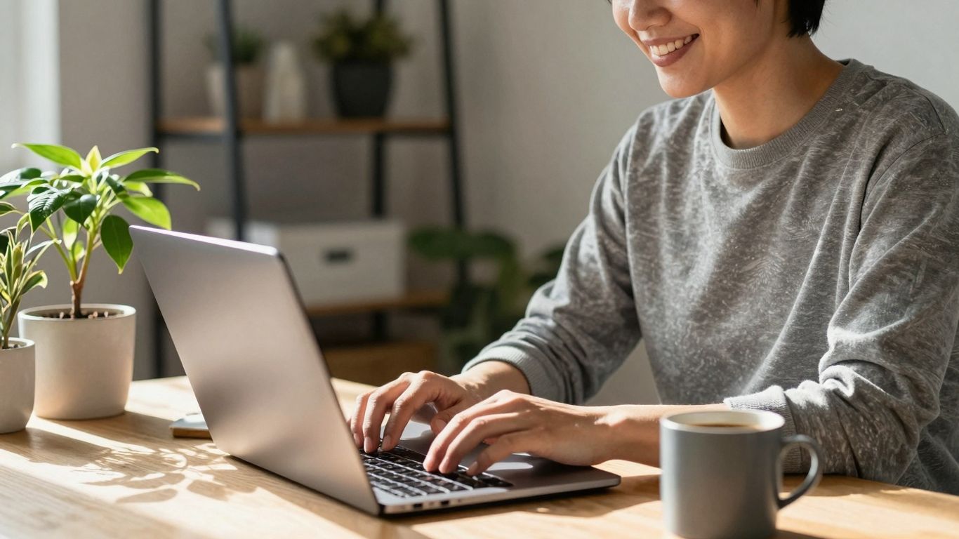 Person working happily on a laptop at home.