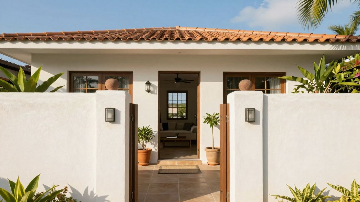 Casa de alquiler vacacional con plantas y cielo azul.