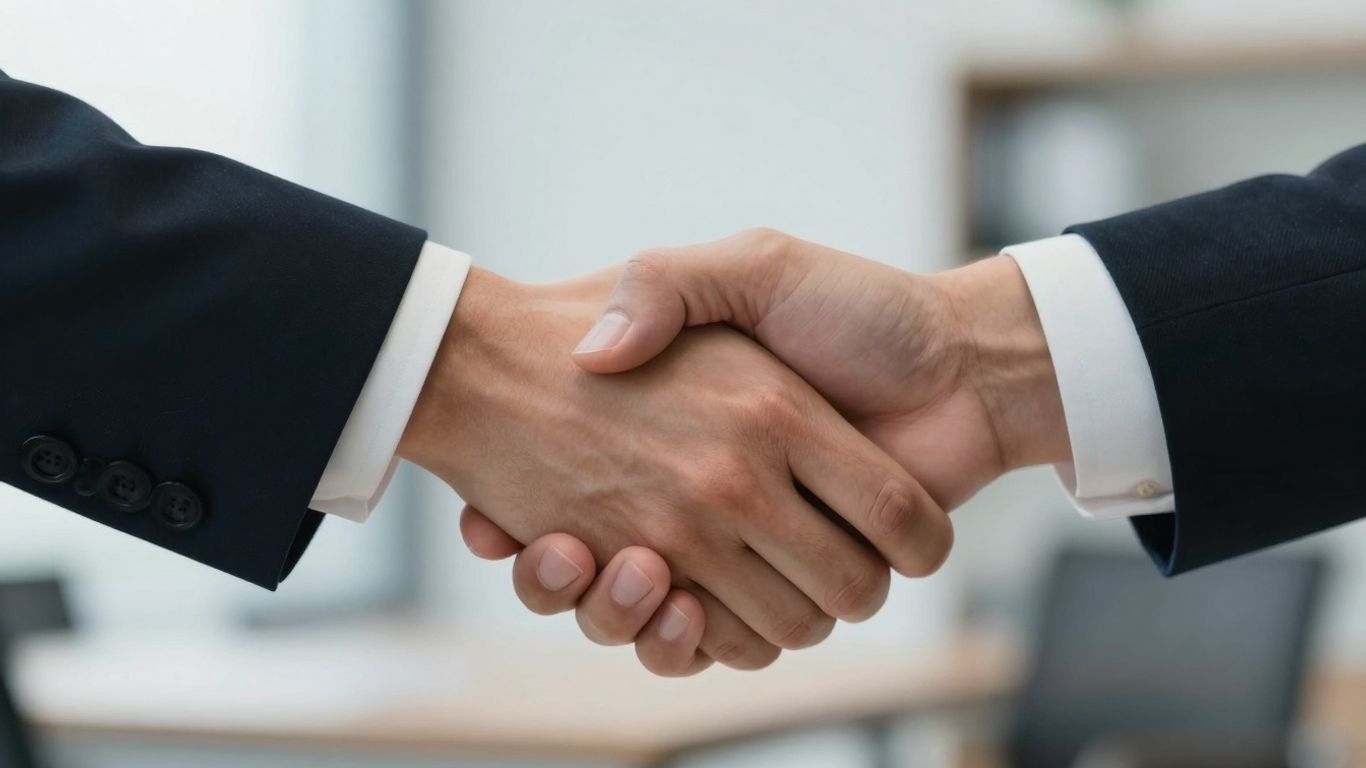 Hands shaking in agreement, business context.