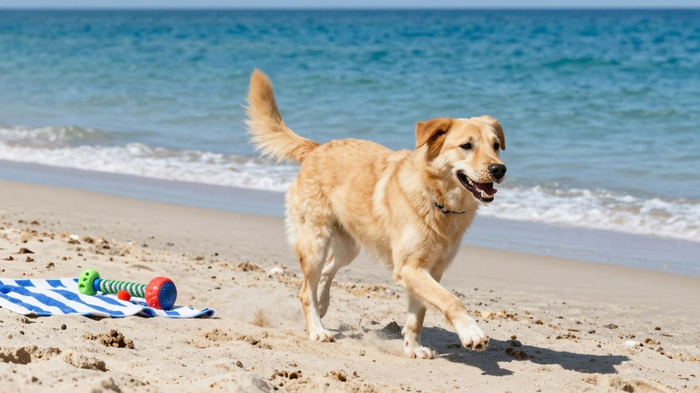 Hond op het strand met speelgoed en handdoek.