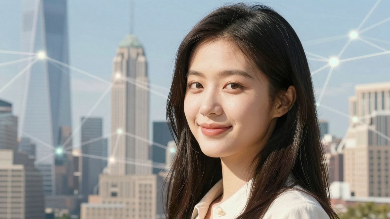 New York City skyline with digital network overlay