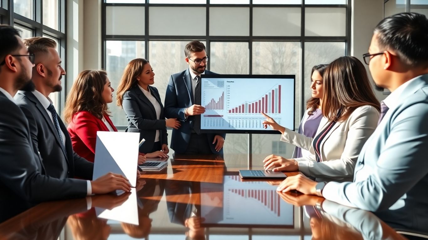Hedge fund team planning strategy around a conference table.