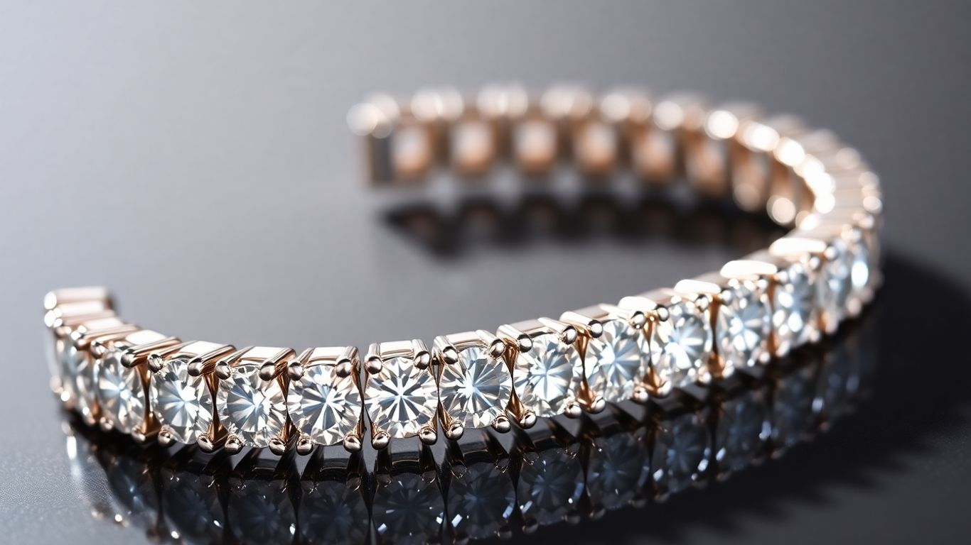 Sparkling diamond tennis bracelet on a surface.