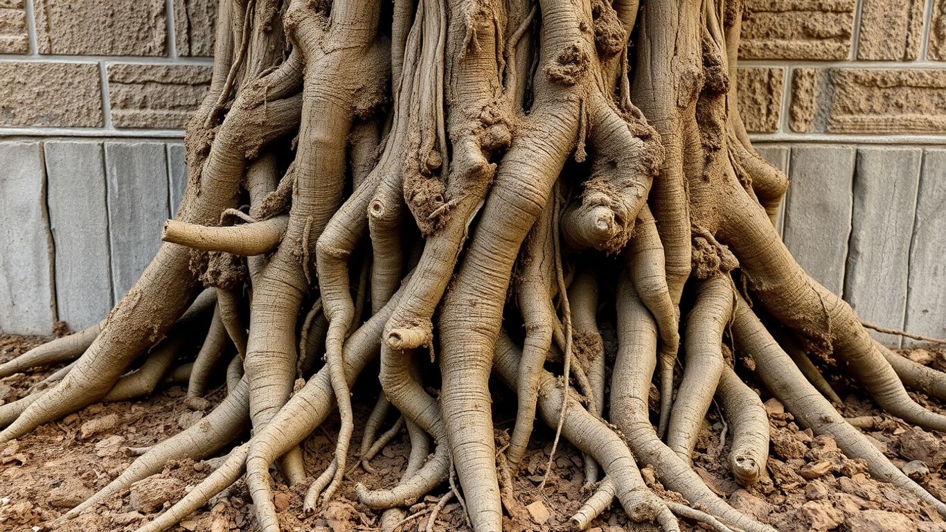 Tree roots cracking a concrete foundation wall.