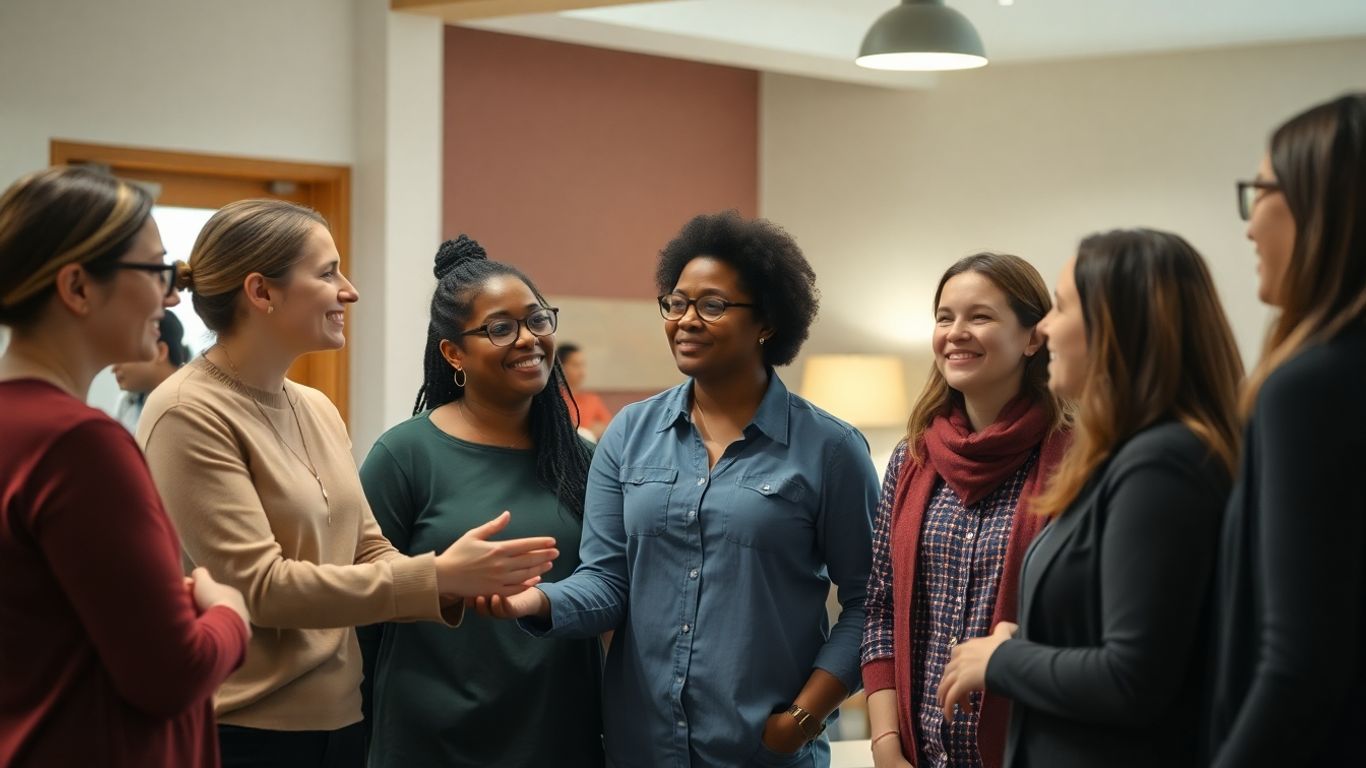 Homeless hostel staff supporting residents in a common area.