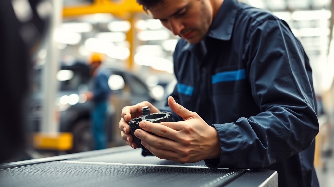 Hände montieren Autoteil in Fabrik, blaue Akzente.