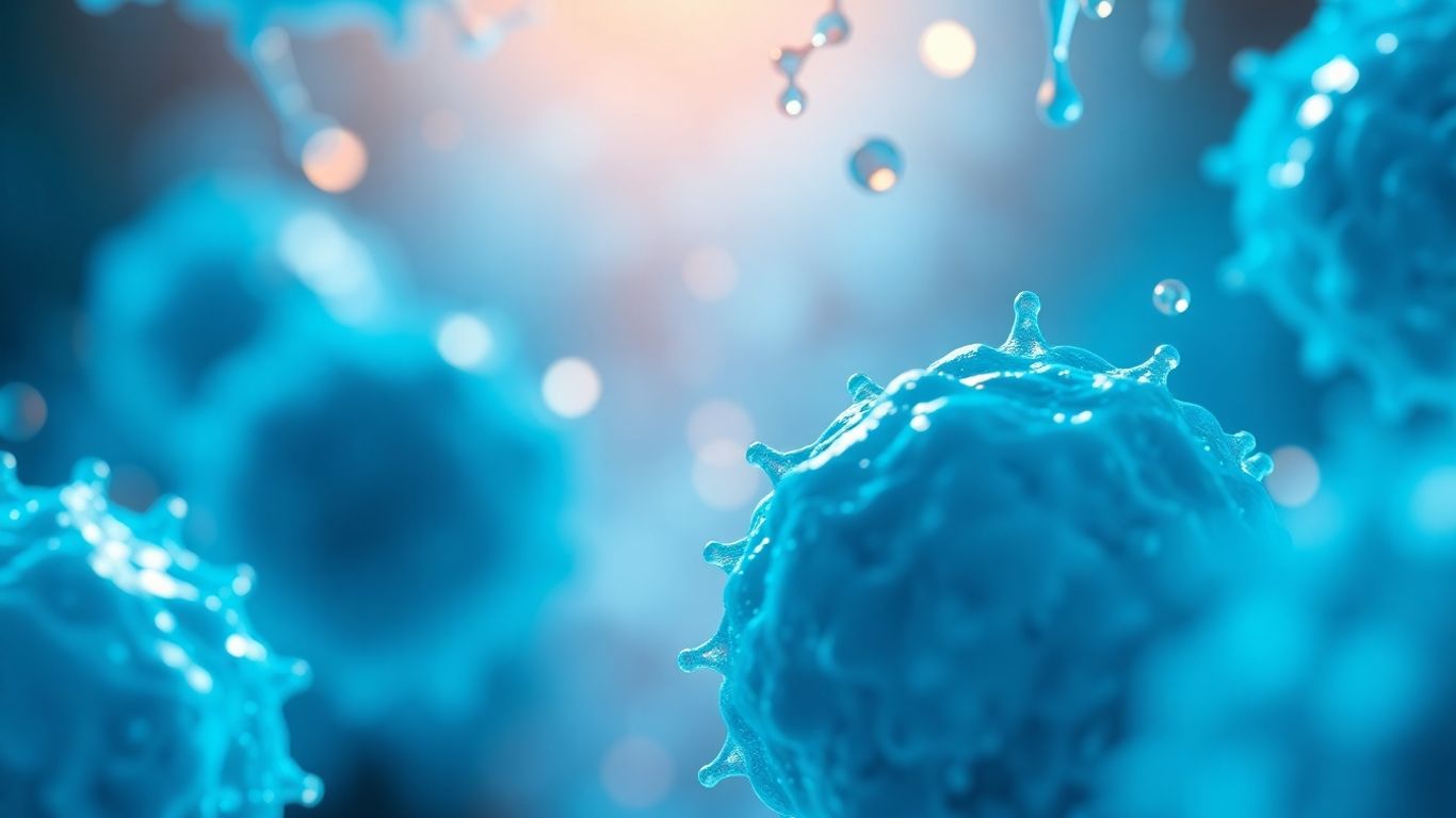 Human cells with glowing molecules under microscope