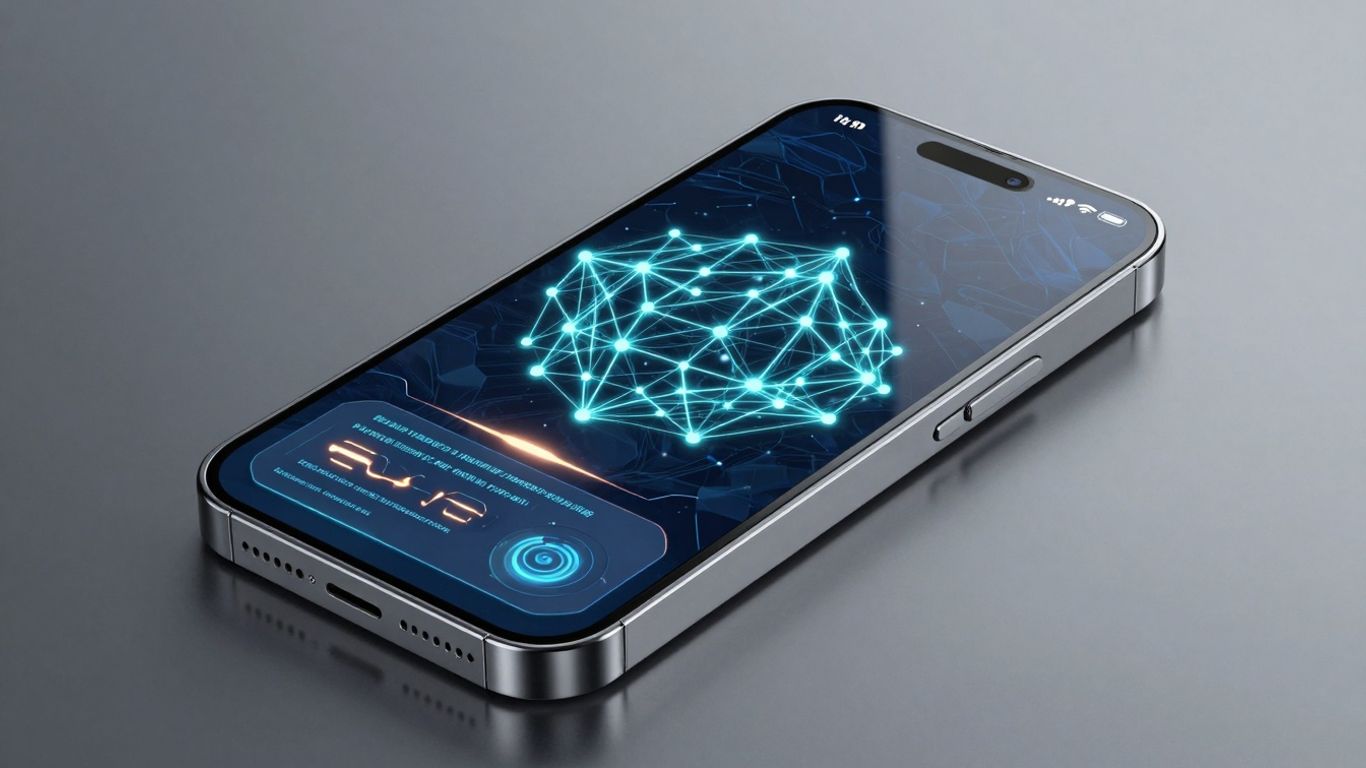 Smartphone futuriste avec motifs de réseau neuronal d'IA.