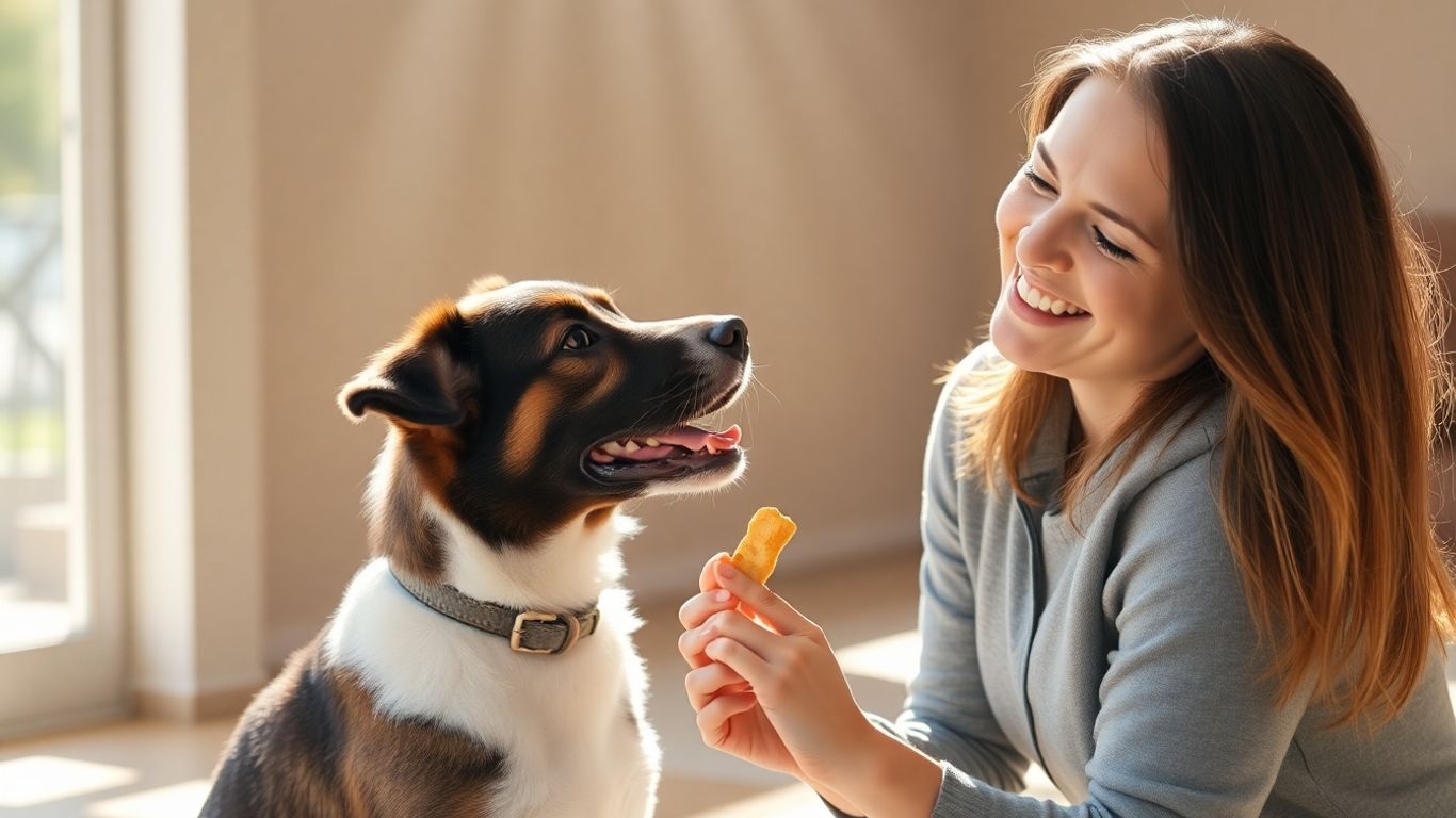 Dog receiving a treat from owner during training.