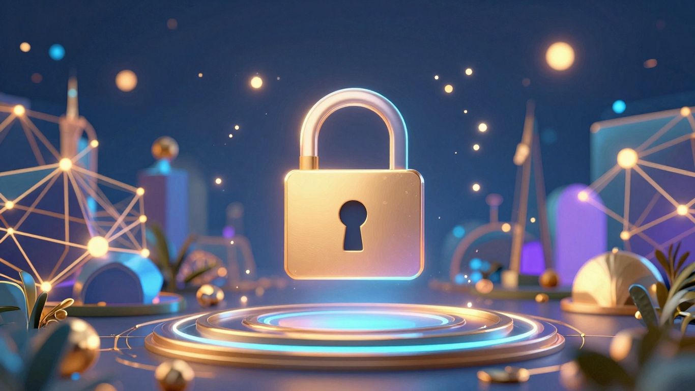 Abstract blockchain network with a glowing padlock icon.