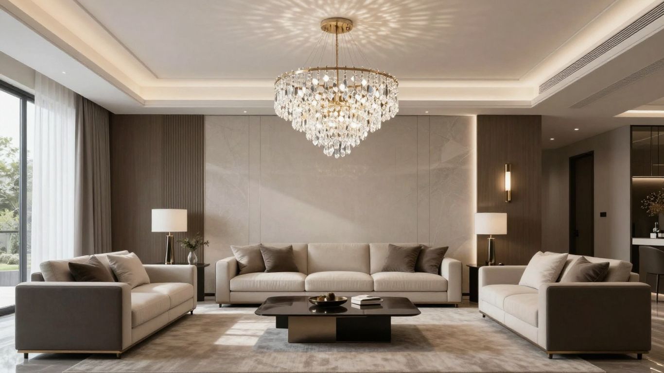 Modern living room with a large crystal chandelier.