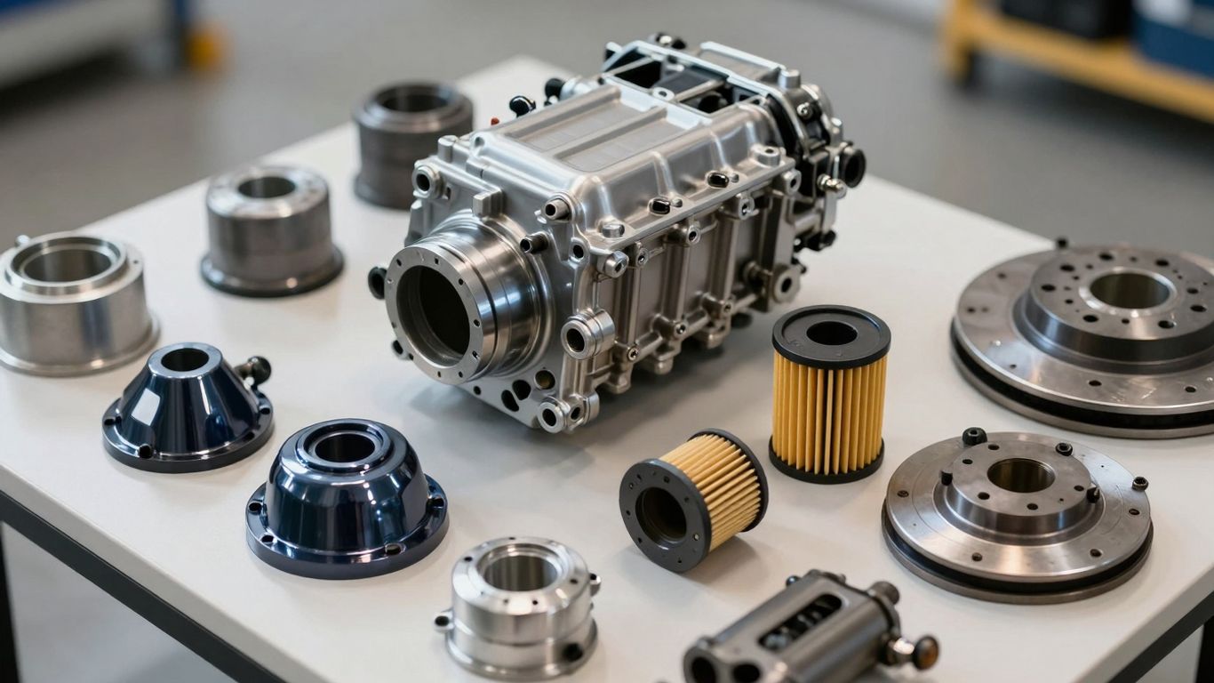 Various automotive parts arranged neatly.