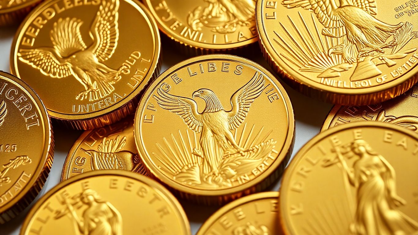 Gold Eagle coins stacked and displayed.