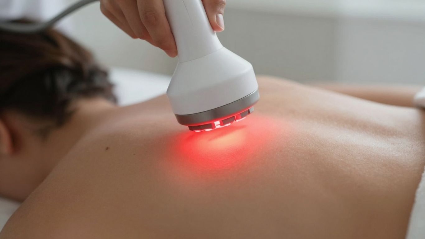 Red light therapy device glowing on skin.
