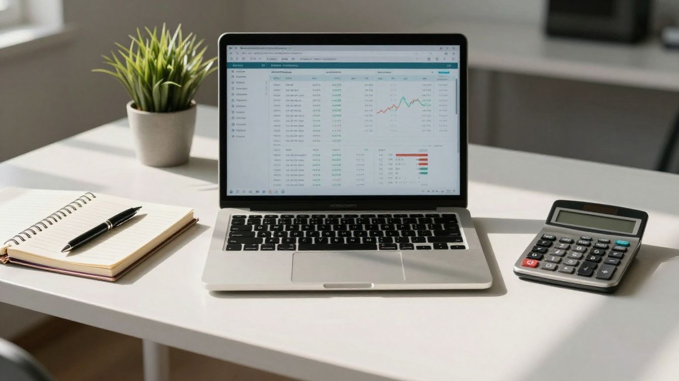 Desk with laptop, notebook, and calculator for business bookkeeping.