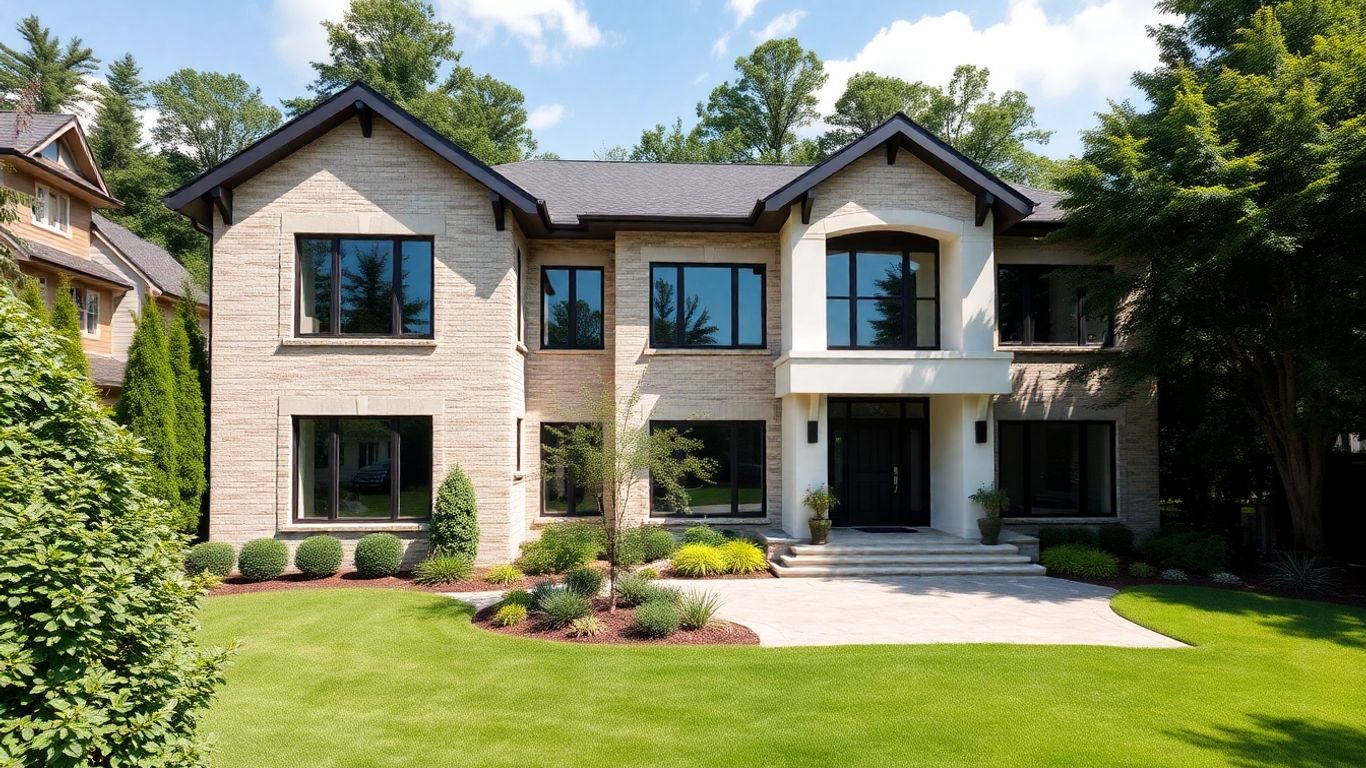 Modern custom home exterior with landscaping and welcoming entrance.