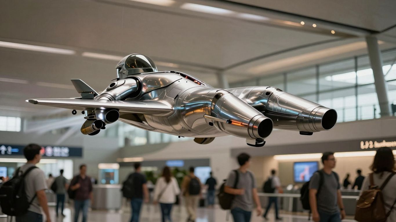Futuristic jetsuit hovering at an airport.