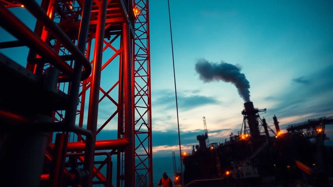 Plataforma de petróleo ao pôr do sol com fumaça.