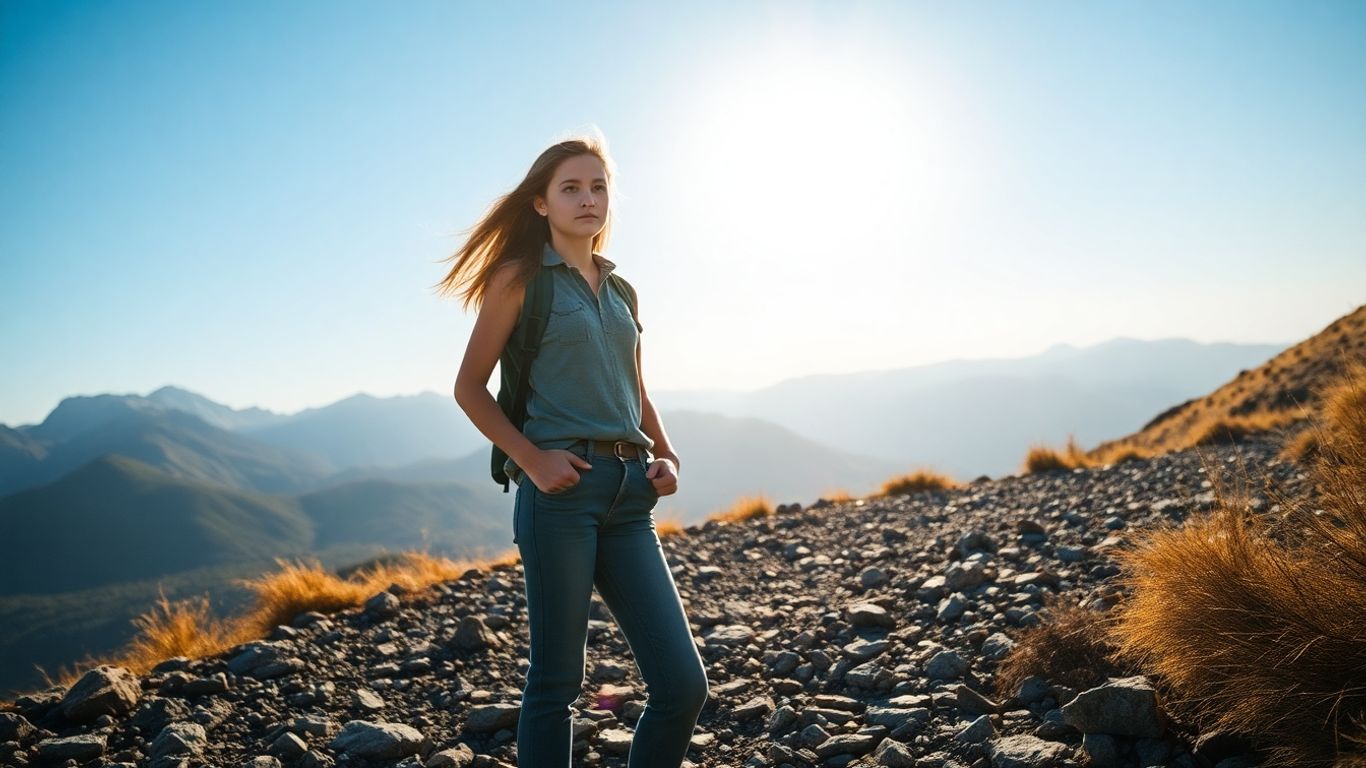 Teenage girl overcoming challenges on a mountain path.