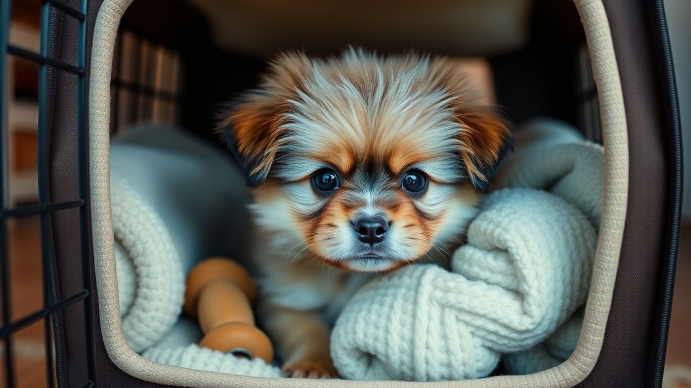 Sad puppy looking out of its crate.