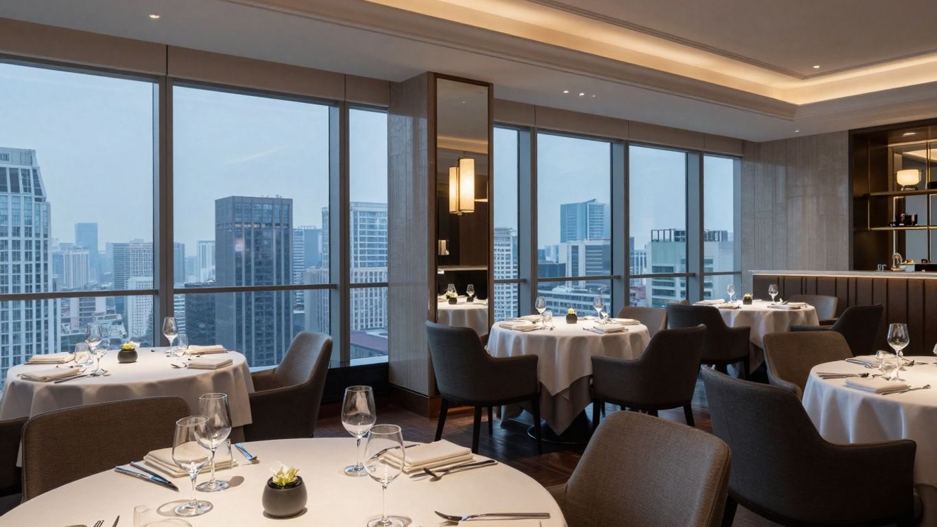 Elegant restaurant interior with city view