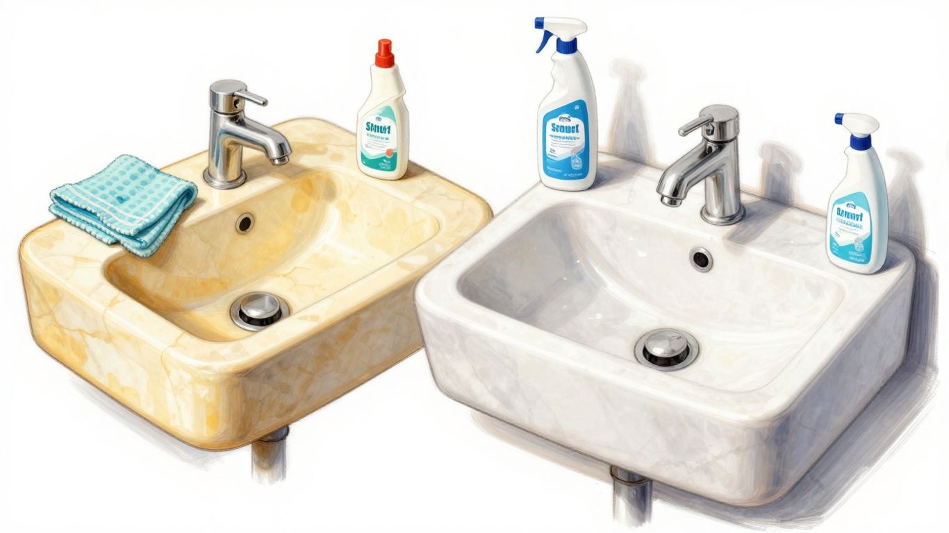 Lavabo de mármol cultivado amarilleado siendo limpiado hasta obtener un acabado brillante.