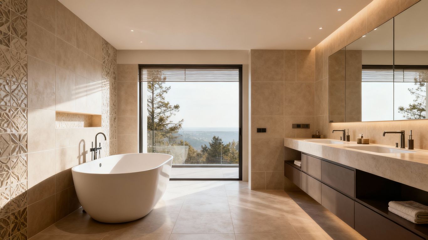 Modern bathroom with soaking tub and dual sinks.