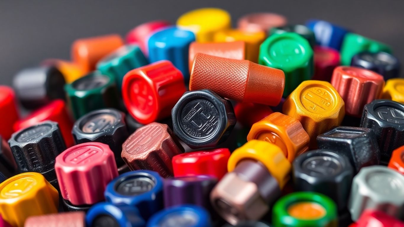 Colorful bicycle valve caps arranged for visual appeal.