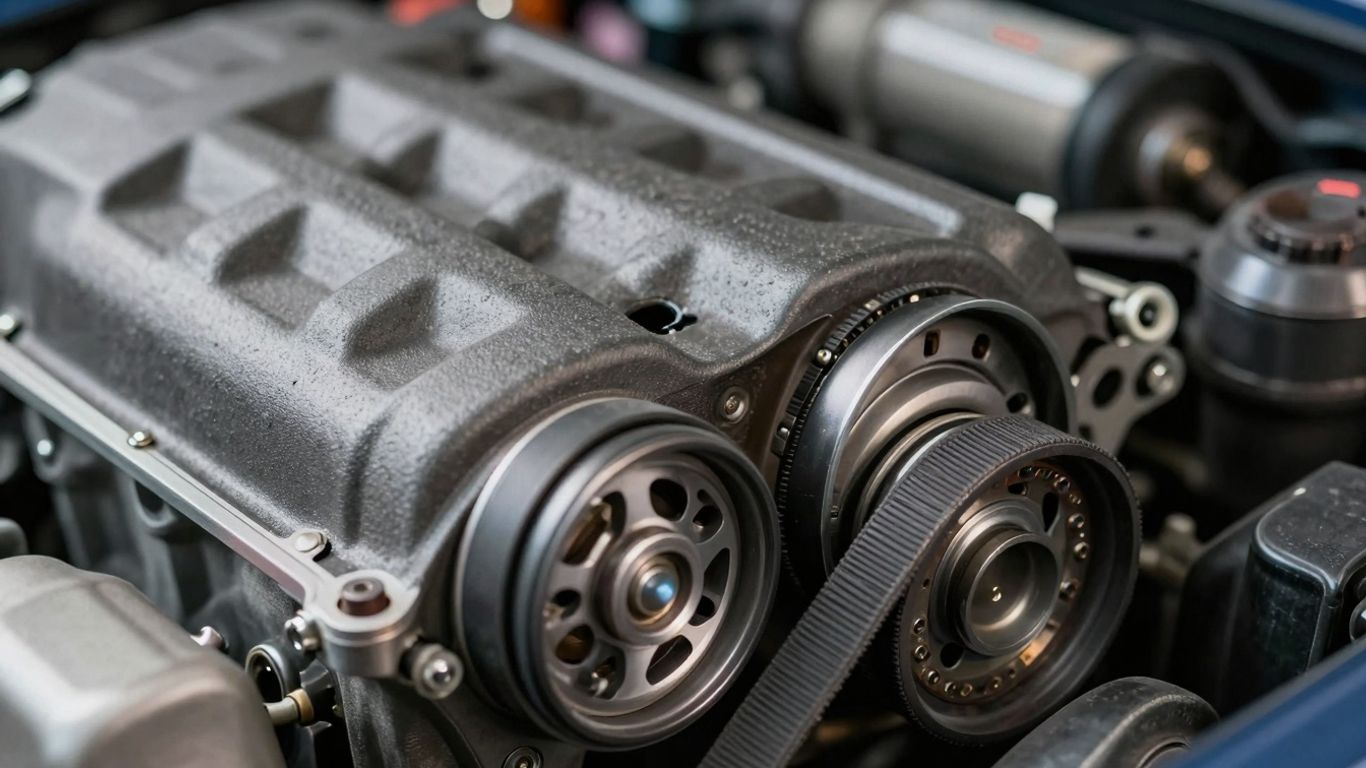 Subaru engine bay with focus on timing belt area.