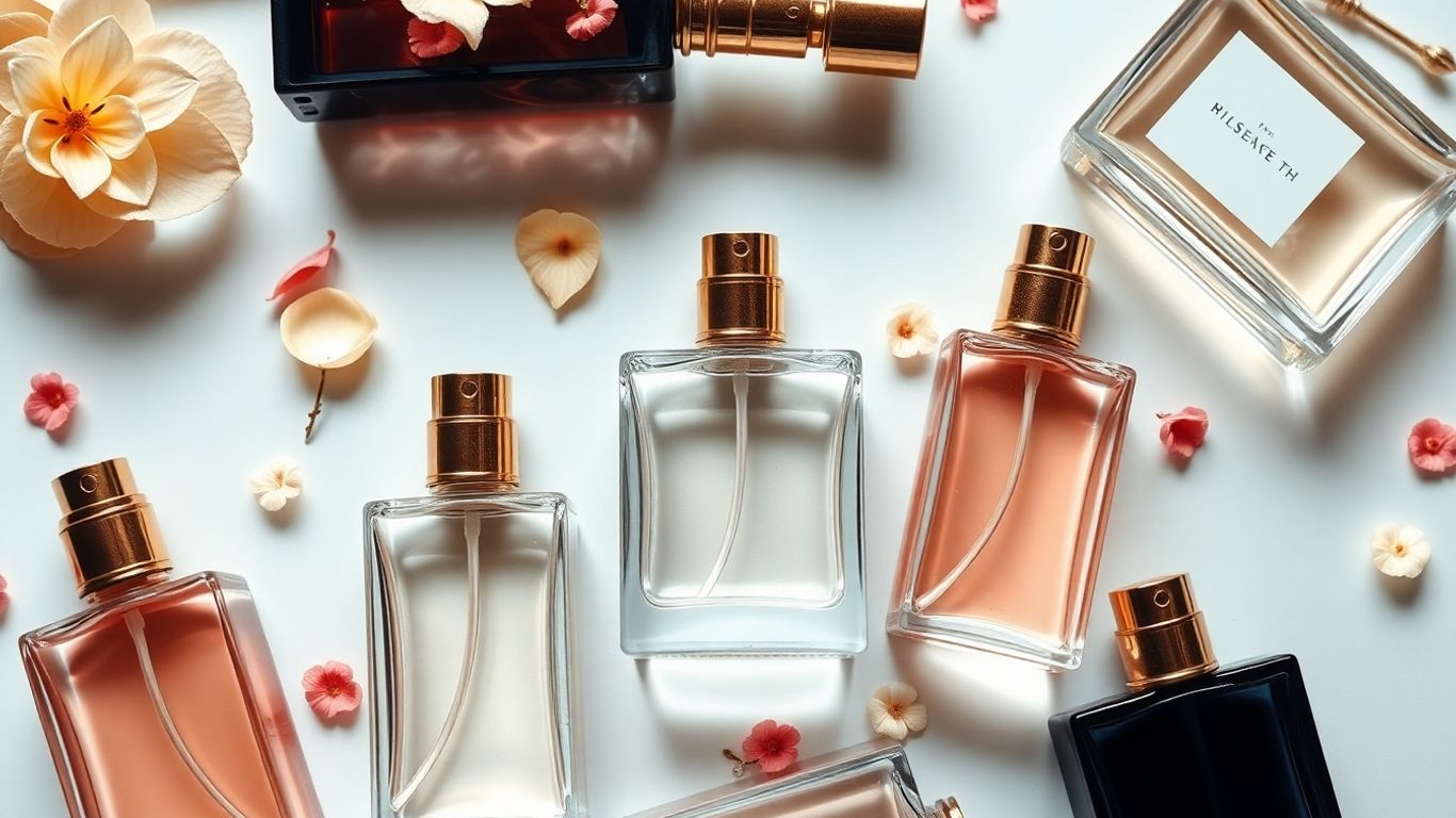 Perfume bottles and scattered flower petals.