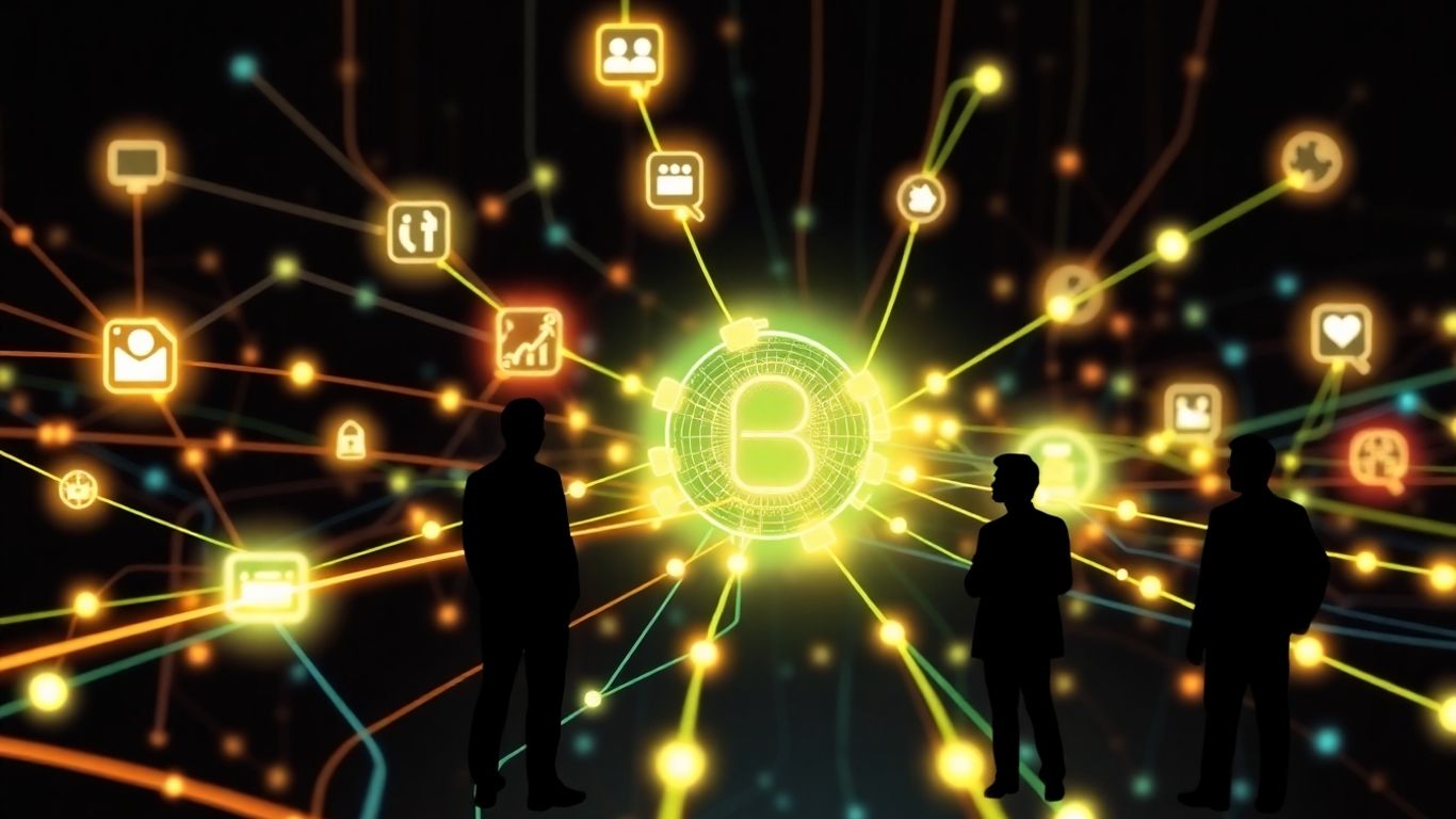 Infographic of network connections and tech support icons.