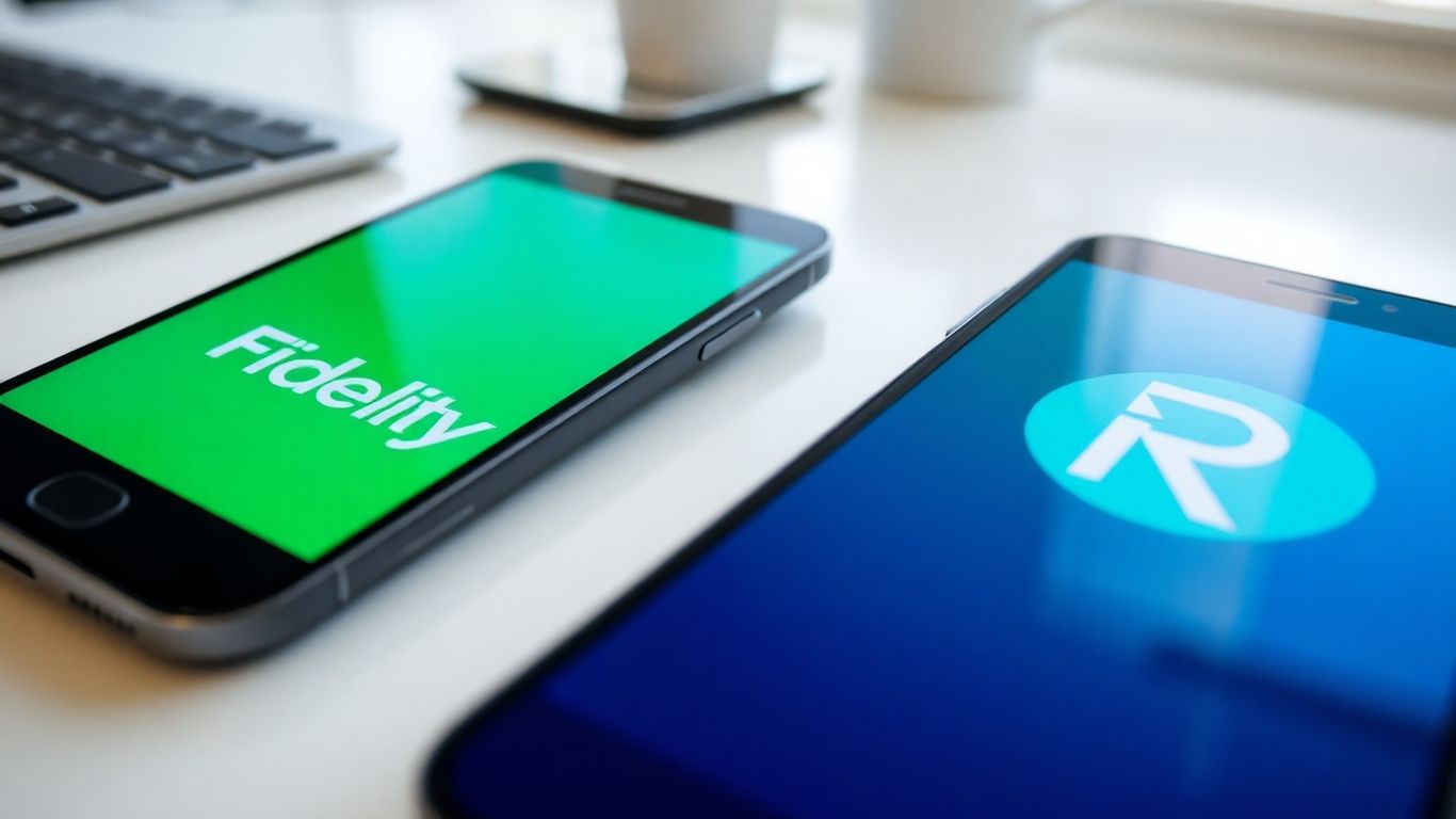 Two smartphones show Fidelity and Robinhood apps