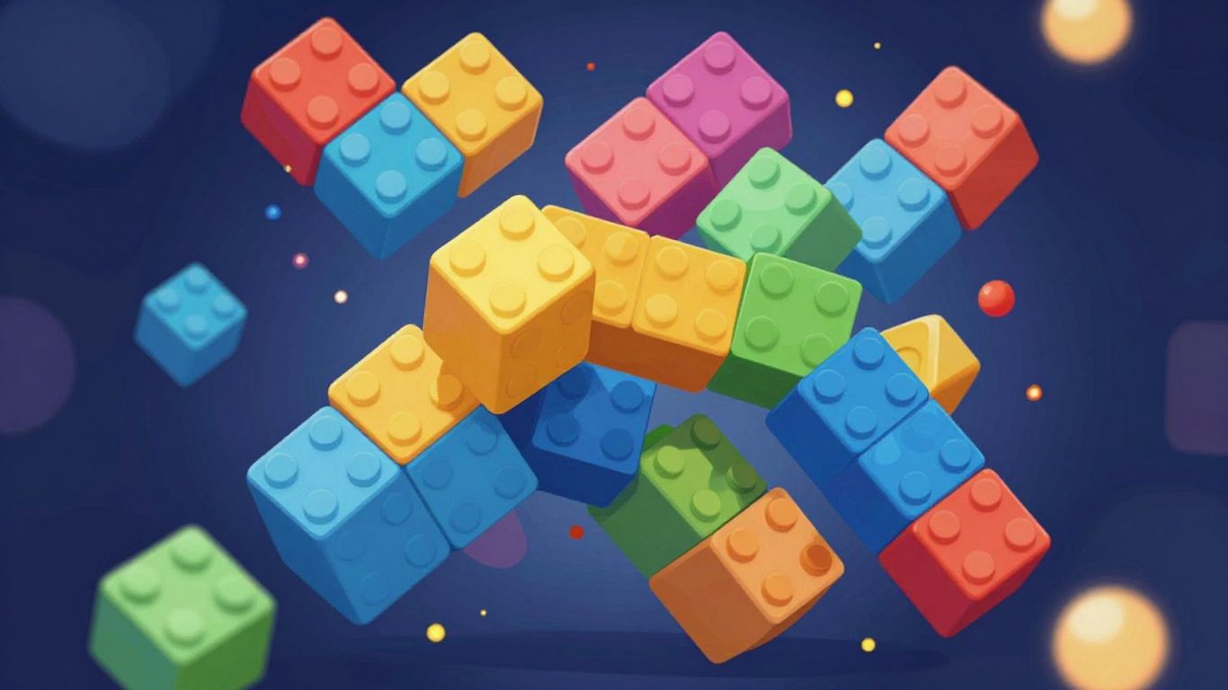 Colorful blocks falling and fitting together in a game.