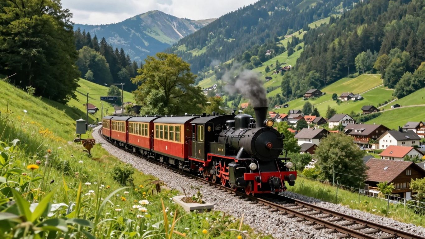 Dampflokomotive fährt durch eine Berglandschaft nach Wernigerode.