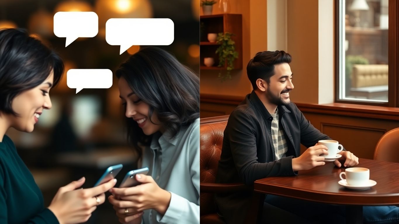 Couple moving from online chat to an in-person date.