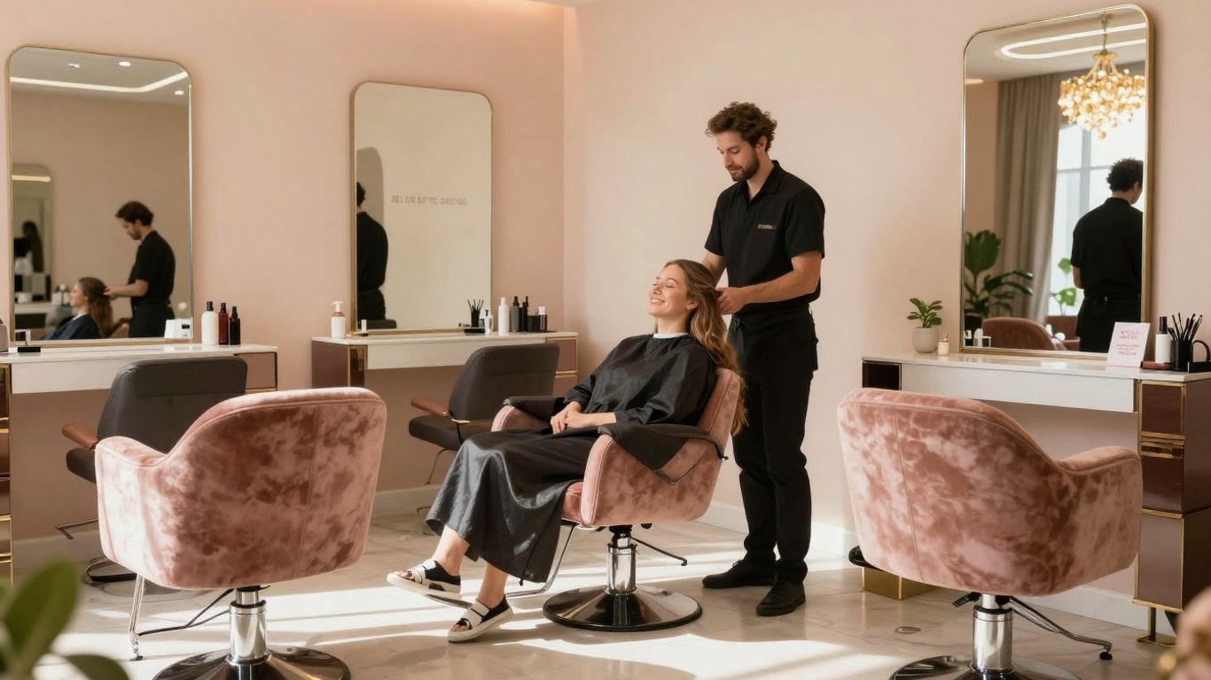 Stylish salon interior with a client receiving treatment.