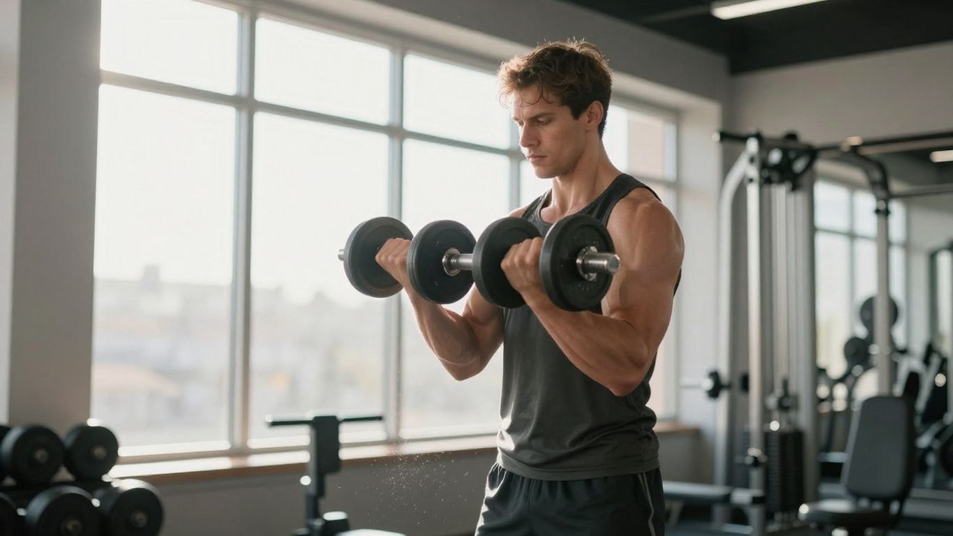 Beginner performing bicep curls in a gym.