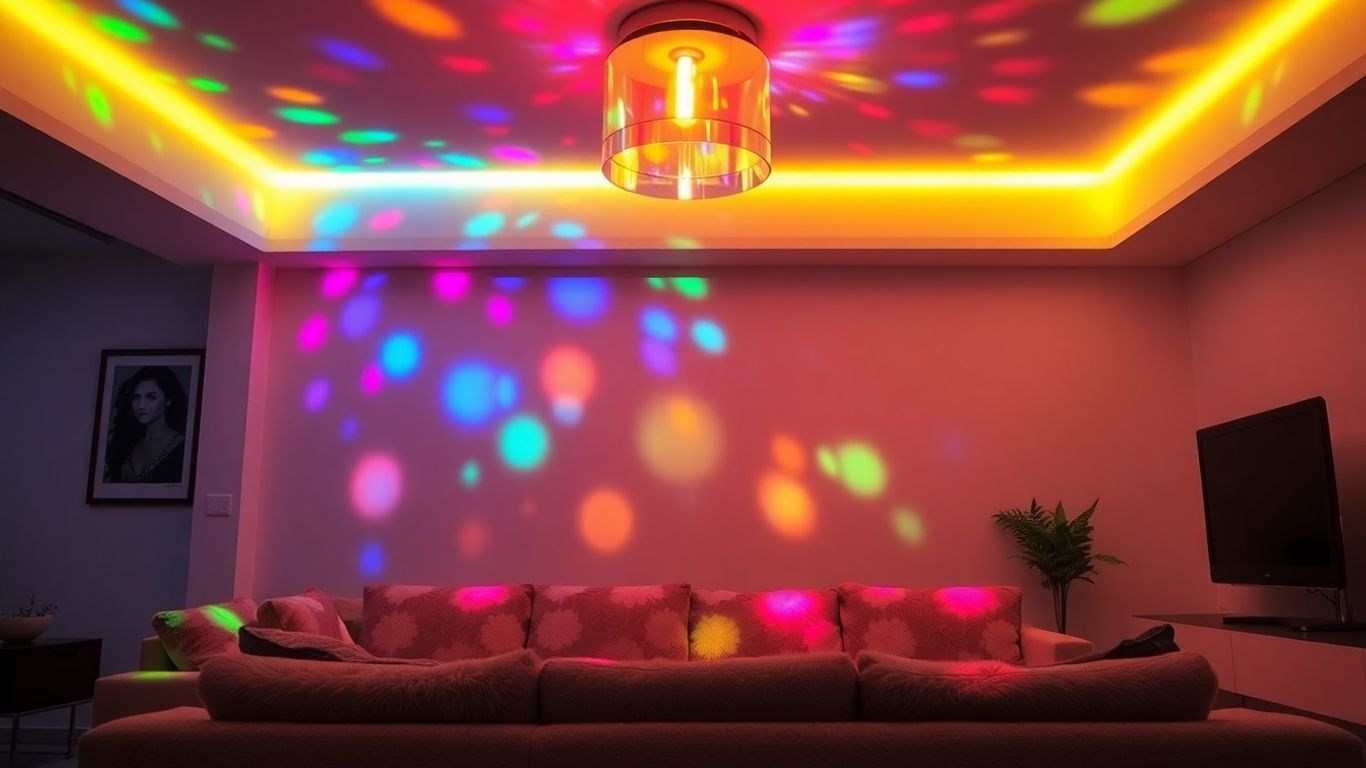 Vibrant colored ceiling light illuminating a modern living room.