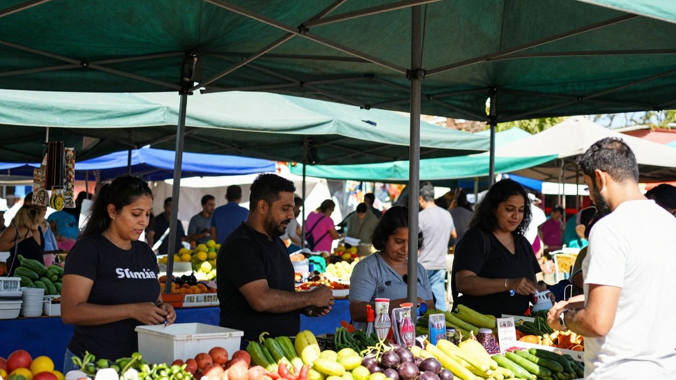 Bustling market stall with colourful goods and happy shoppers.