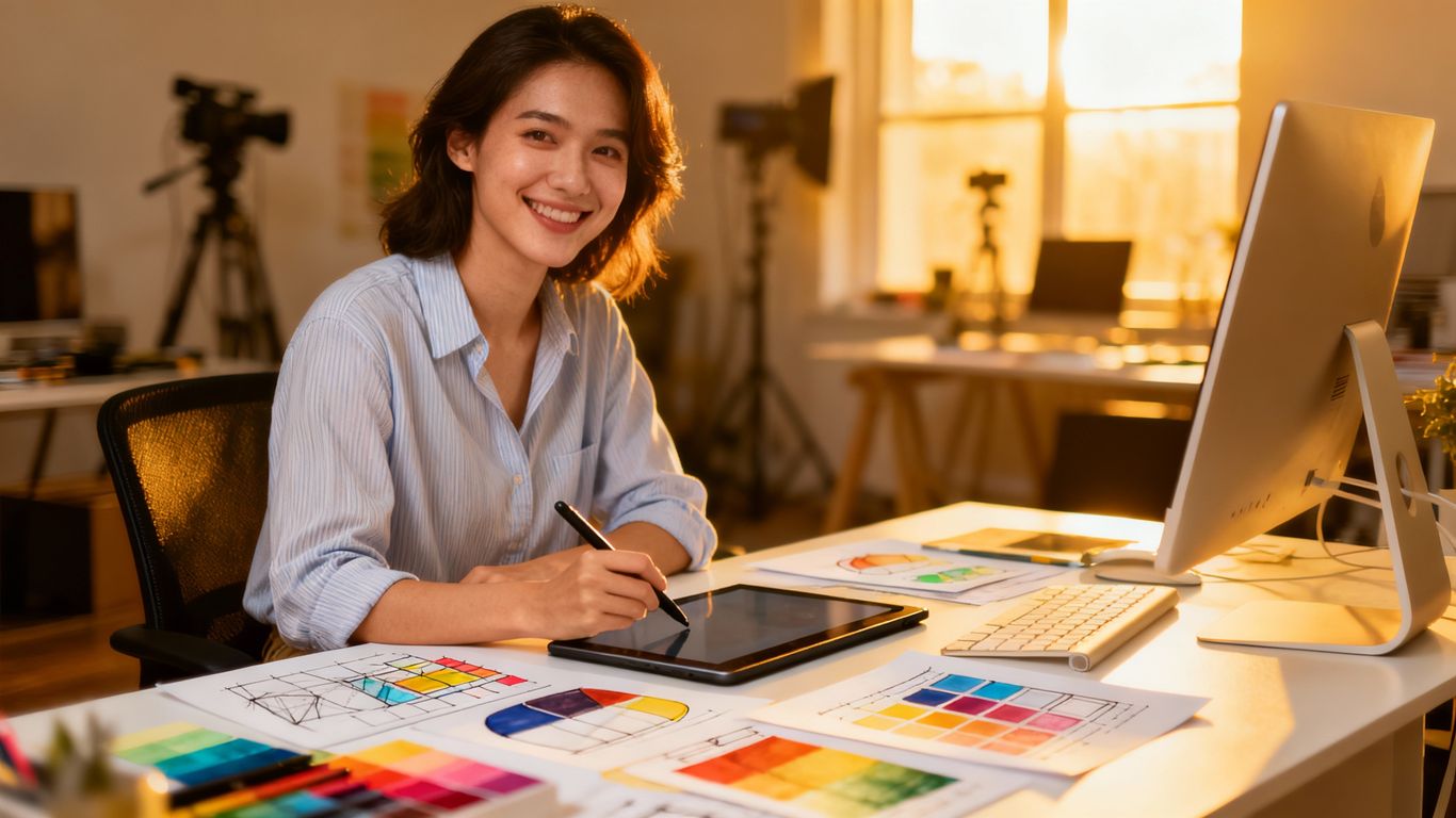 Designer working in a creative studio with sketches.