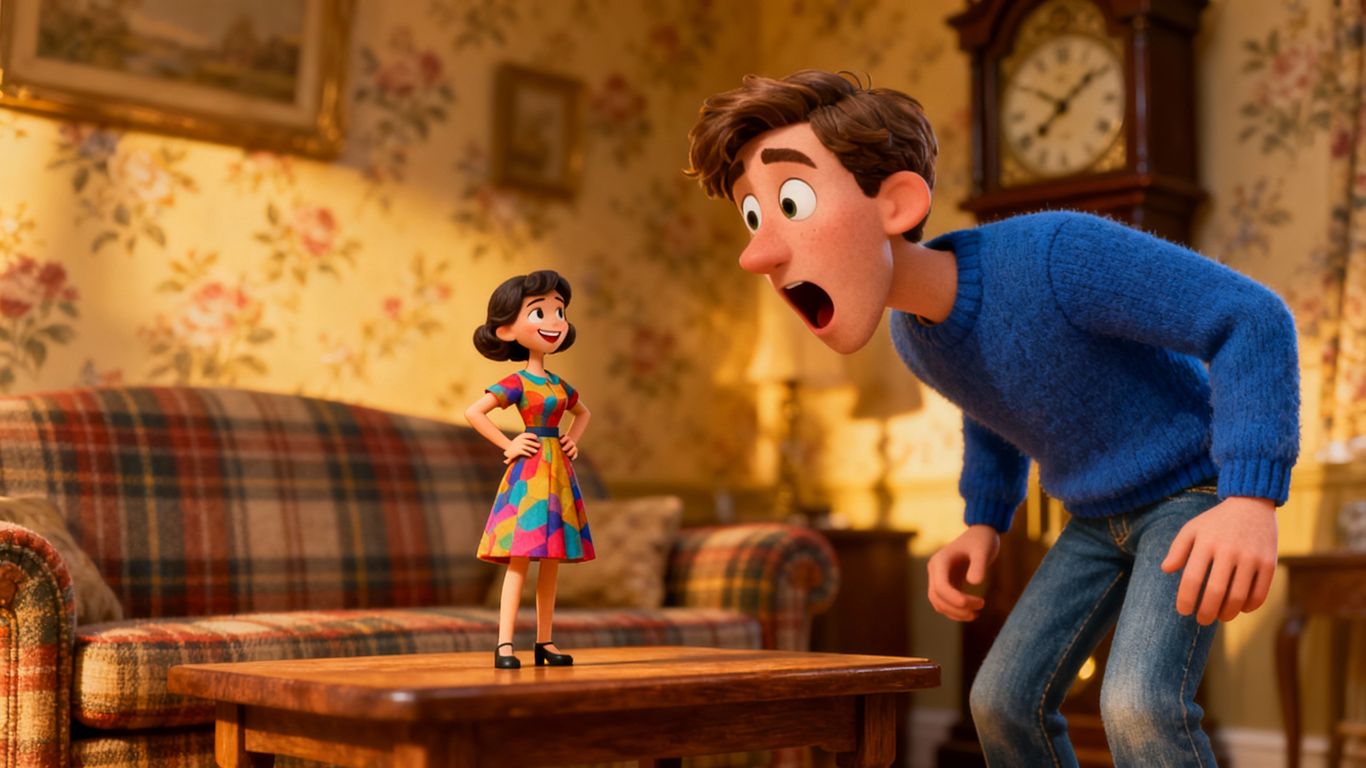 Tiny woman and surprised man in British living room