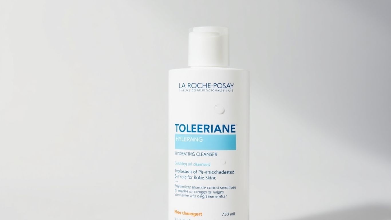 La Roche-Posay Toleriane Hydrating cleanser bottle with water droplets.