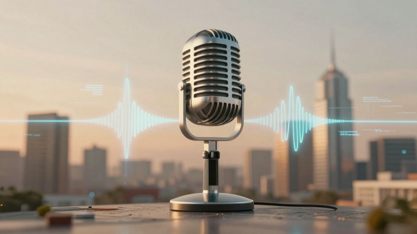 Futuristic cityscape with sound waves and microphone.