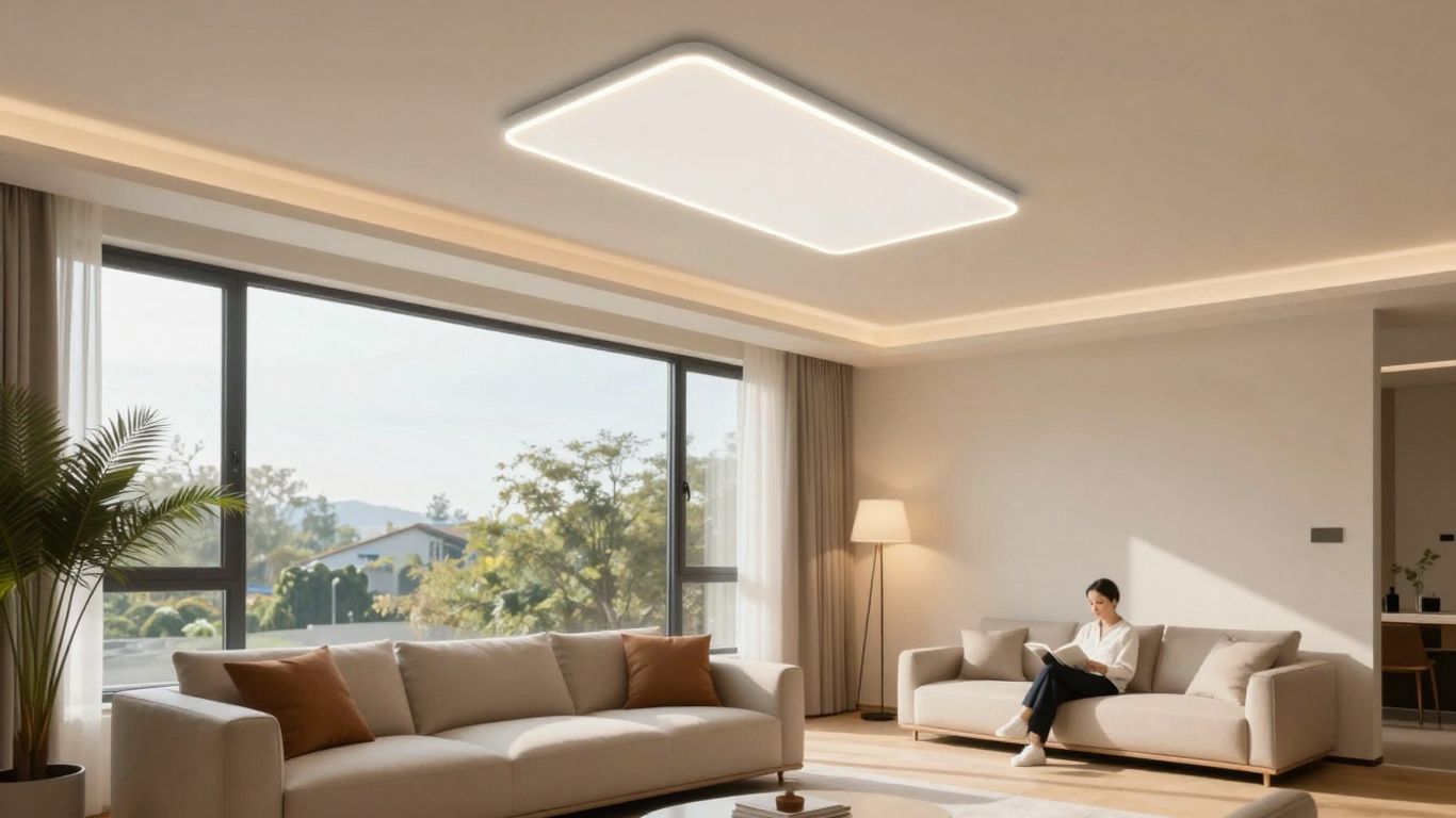Modern living room with bright, energy-efficient LED lighting.