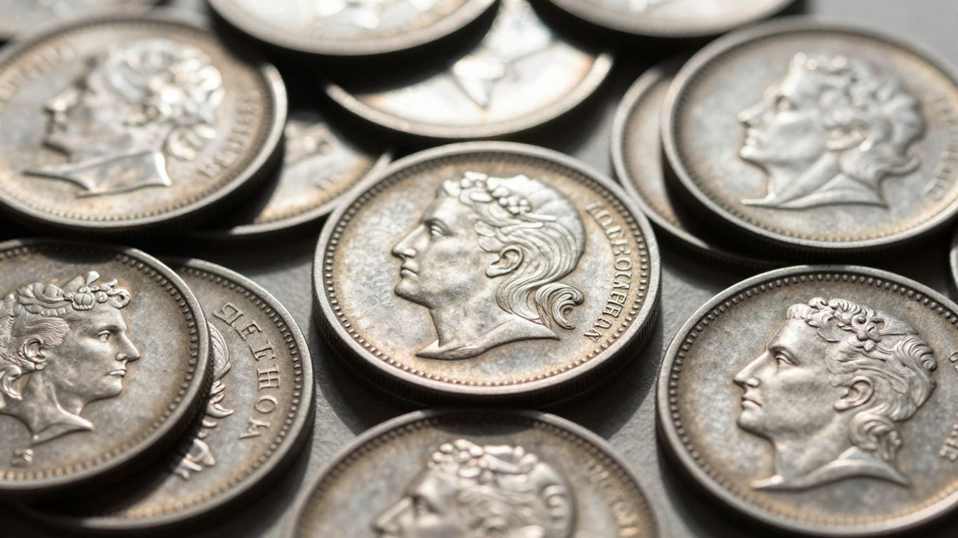 Close-up of antique silver coins with sunlight glinting.