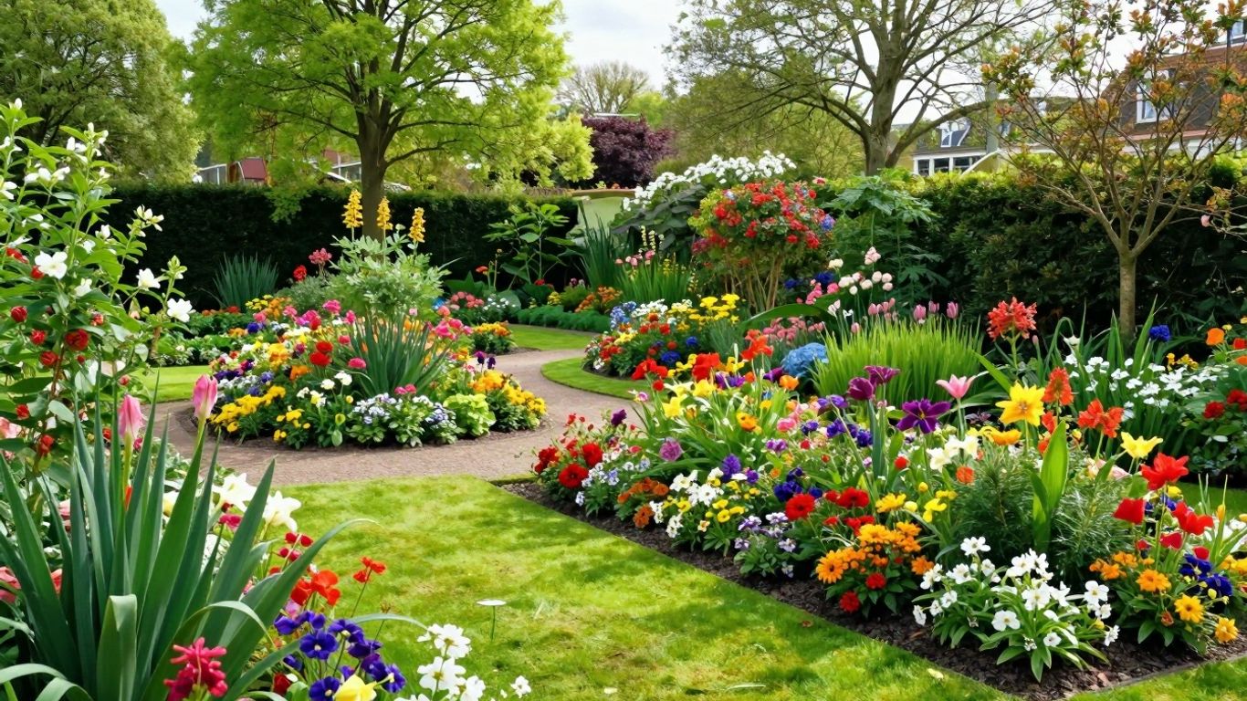 Mooie Nederlandse tuin met bloemen en groene paden.